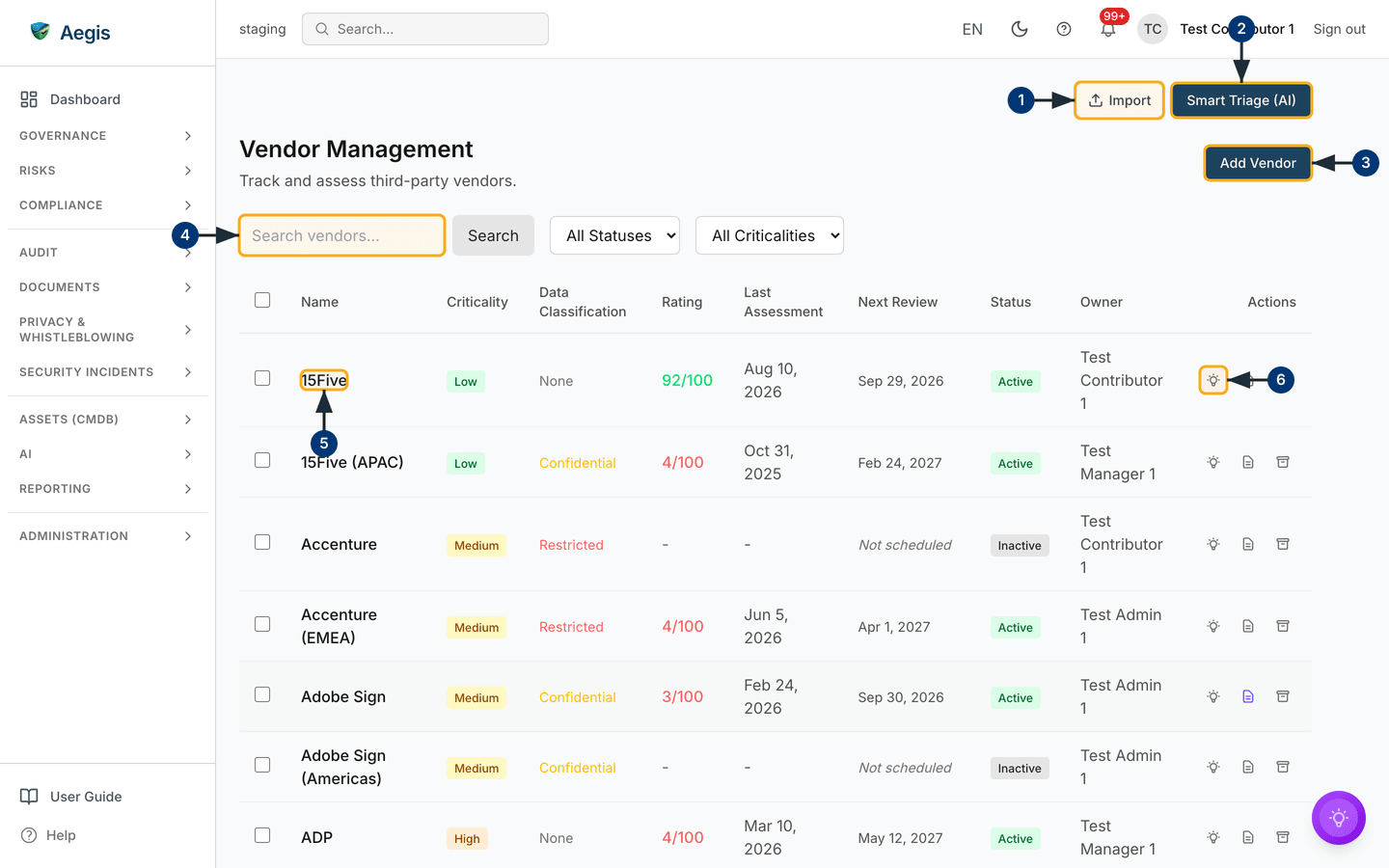 The vendor register: Import and Smart Triage (AI) above the title, Add Vendor on the header line, the search and filter bar, and one row per supplier ending in three action icons — /vendors.